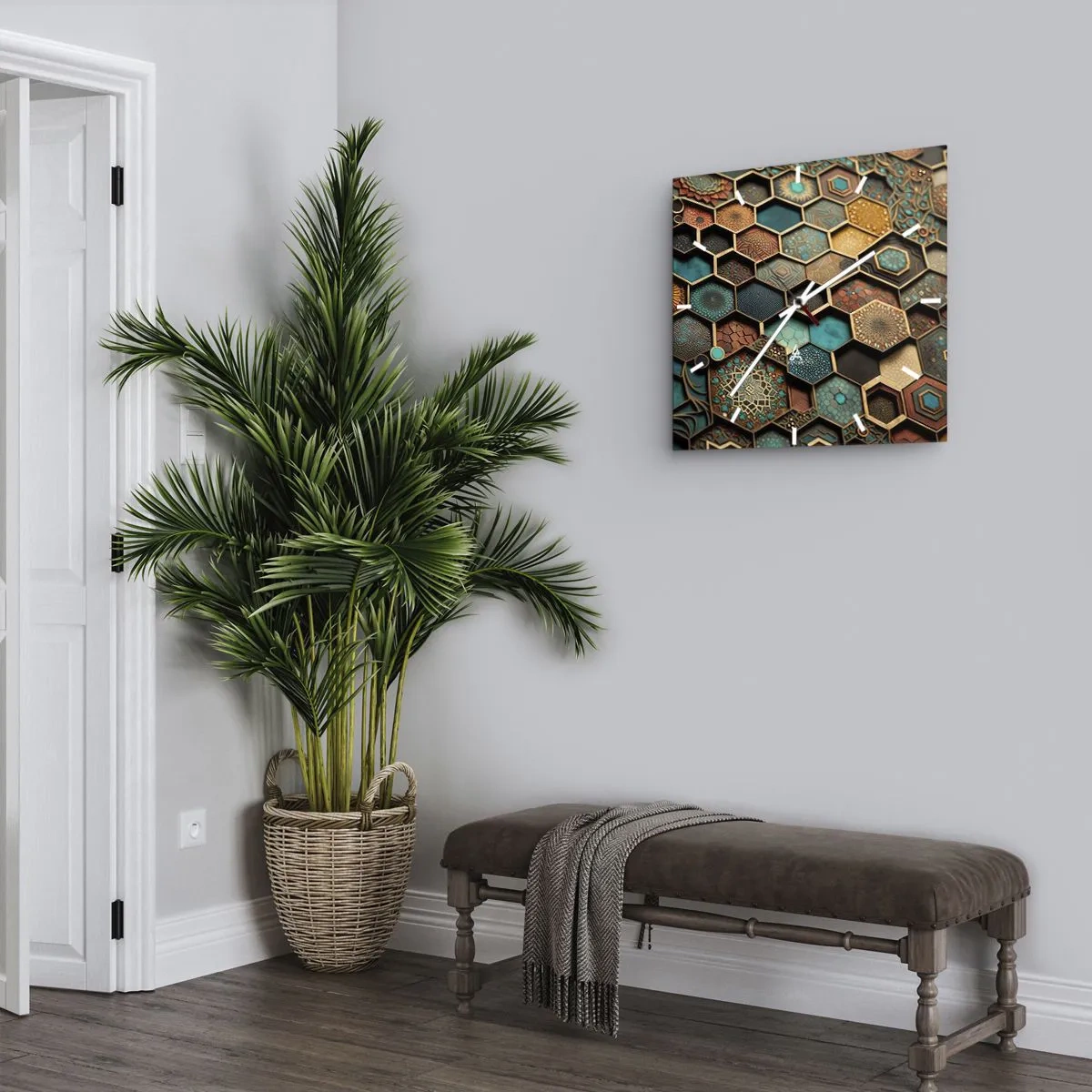 Wanduhr - Glasuhr - Bunte Ornamente in sechseckigen Mustern - 30x30cm - Arabische Ornamente – Variation - Moderne Wanddekoration für Wohnzimmer und Schlafzimmer ARTTOR