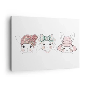 Bild auf Leinwand - Leinwandbild - Entzückende Häschen mit pastellfarbener Kopfbedeckung - 70x50cm - Nachdenklich, traurig, zufrieden - Moderne Wanddekoration für Wohnzimmer und Schlafzimmer ARTTOR