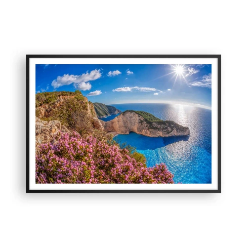 Poster in einem schwarzem Rahmen - Eine Klippe mit Blumen, ein türkisfarbenes Meer und eine sonnige griechische Landschaft - 100x70cm - Mein toller Griechenlandurlaub - Moderne Wanddekoration für Wohnzimmer und Schlafzimmer ARTTOR