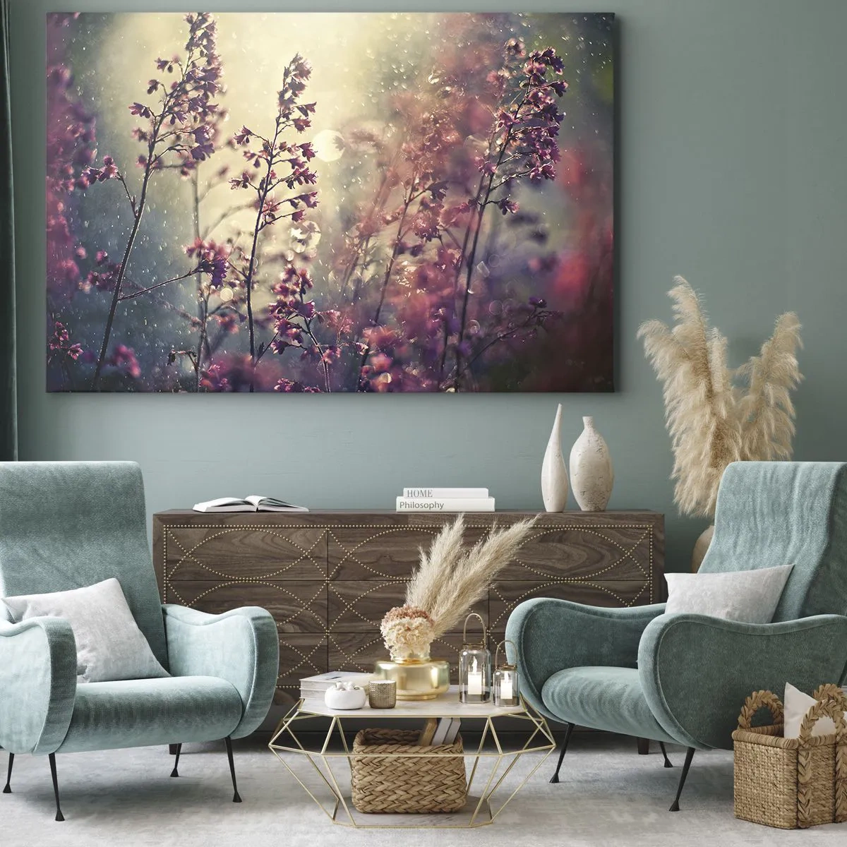 Bild auf Leinwand - Leinwandbild - Blumen im Sonnenlicht vor dem Hintergrund der Natur - 120x80cm - Geheimnisvoller Garten - Moderne Wanddekoration für Wohnzimmer und Schlafzimmer ARTTOR