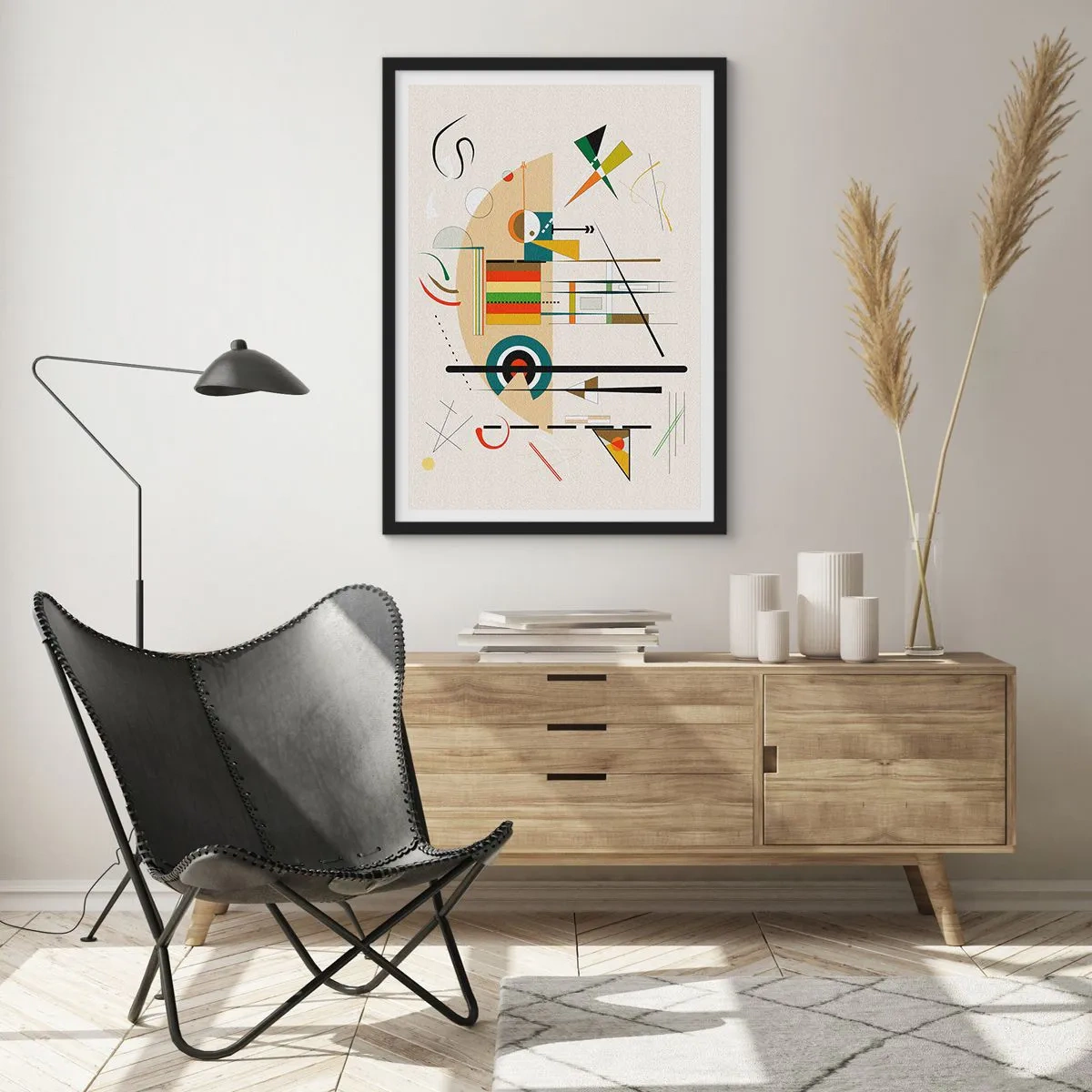 Poster in einem schwarzem Rahmen - Abstrakte geometrische Komposition - 50x70cm - Und die Welt lacht - Moderne Wanddekoration für Wohnzimmer und Schlafzimmer ARTTOR