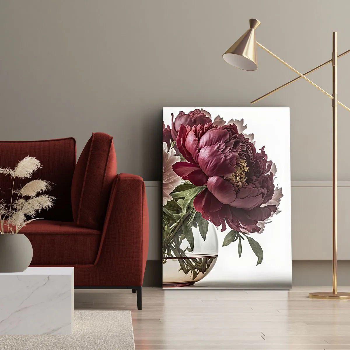 Bild auf Leinwand - Leinwandbild - Ein Strauß Pfingstrosen in Rosa- und Rottönen - 80x120cm - In voller Schönheit - Moderne Wanddekoration für Wohnzimmer und Schlafzimmer ARTTOR