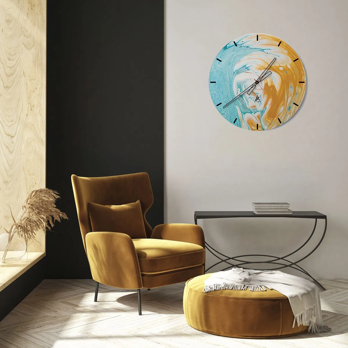 Wanduhr - Glasuhr - Ein abstrakter Wirbel in Blau-, Weiß- und Orangetönen. - 30x30cm - Pastellwirbel - Moderne Wanddekoration für Wohnzimmer, Küche und Schlafzimmer ARTTOR