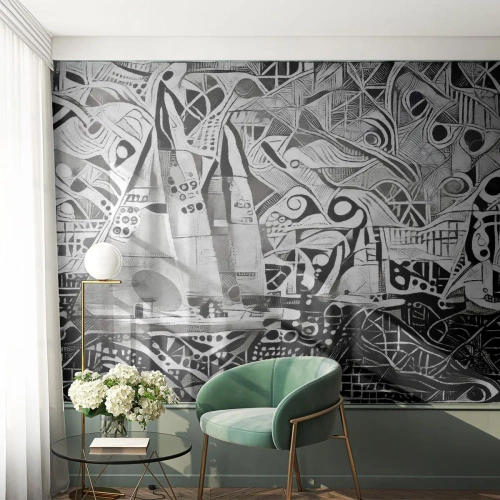 Fototapete Premium Sand - Abstraktes Segeln in Schwarz und Weiß - 100x70cm - Zwischen den Wellen - Moderne Wanddekoration für Wohnzimmer und Schlafzimmer ARTTOR
