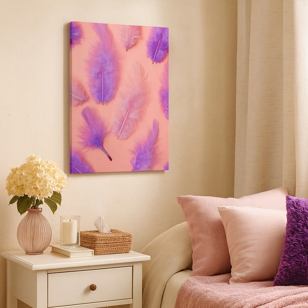 Bild auf Leinwand - Leinwandbild - Lila und rosa Federn auf pastellfarbenem Hintergrund - 50x70cm - Lila Vogel der Begierde - Moderne Wanddekoration für Wohnzimmer und Schlafzimmer ARTTOR