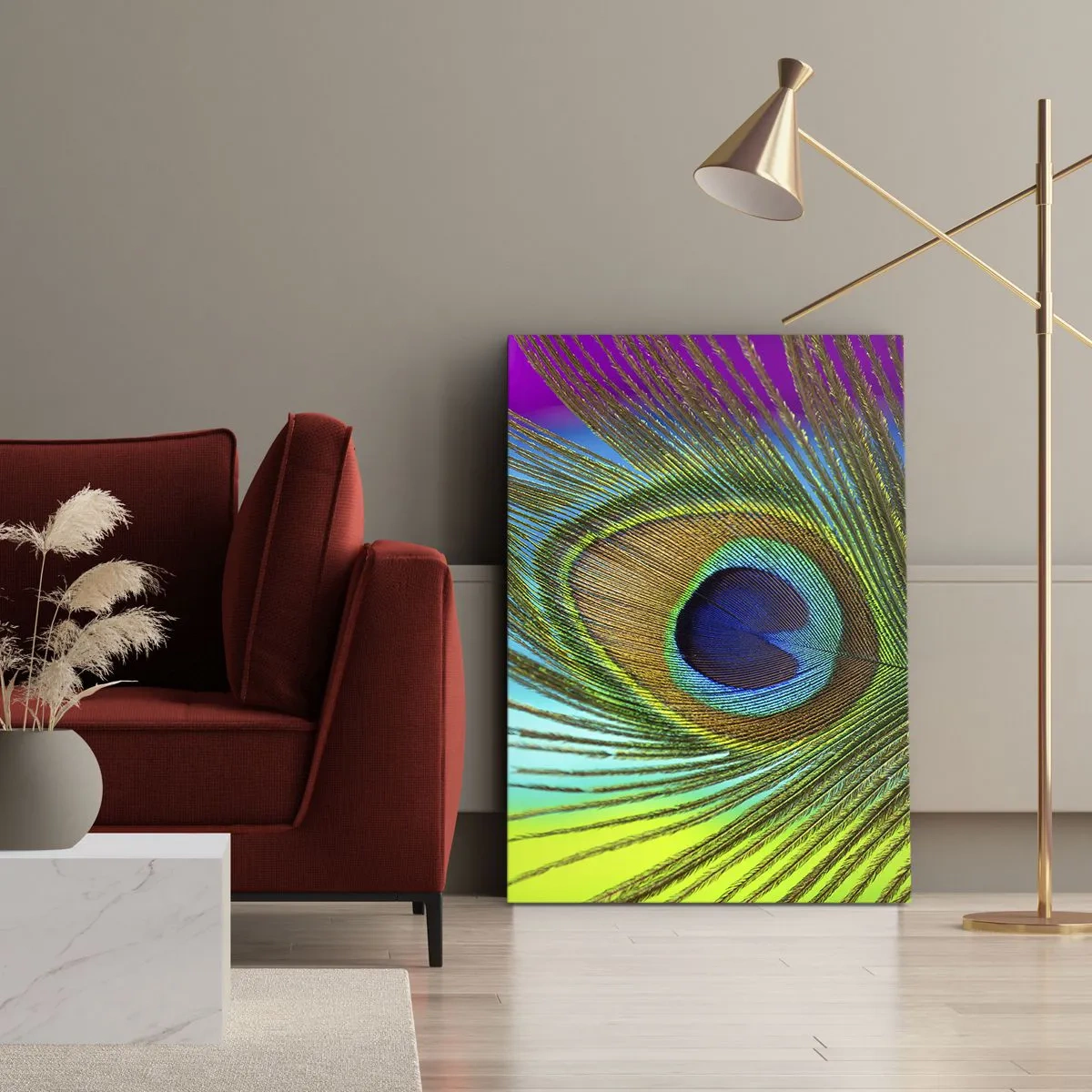 Bild auf Leinwand - Leinwandbild - Nahaufnahme einer Pfauenfeder mit lebendigen Farben - 70x100cm - Auge in Auge - Moderne Wanddekoration für Wohnzimmer und Schlafzimmer ARTTOR