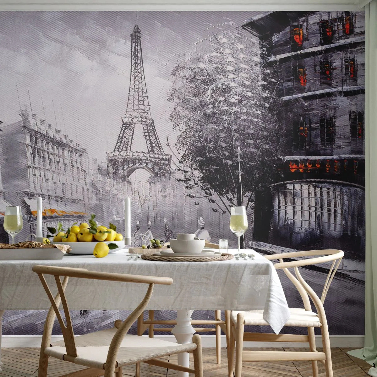 Fototapete Premium Sand - Ein Schwarzweißbild von Paris mit dem Eiffelturm und vorbeigehenden Menschen. - 100x70cm - Pariser Spaziergang - Moderne Wanddekoration für Wohnzimmer und Schlafzimmer ARTTOR