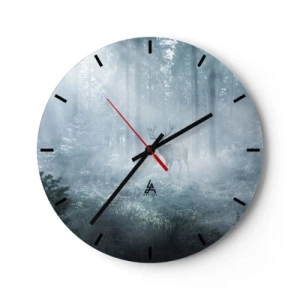 Wanduhr - Glasuhr - Ein Hirsch steht im Nebel inmitten eines hohen Waldhains - 30x30cm - Morgenvisite auf dem Grundstück - Moderne Wanddekoration für Wohnzimmer, Küche und Schlafzimmer ARTTOR