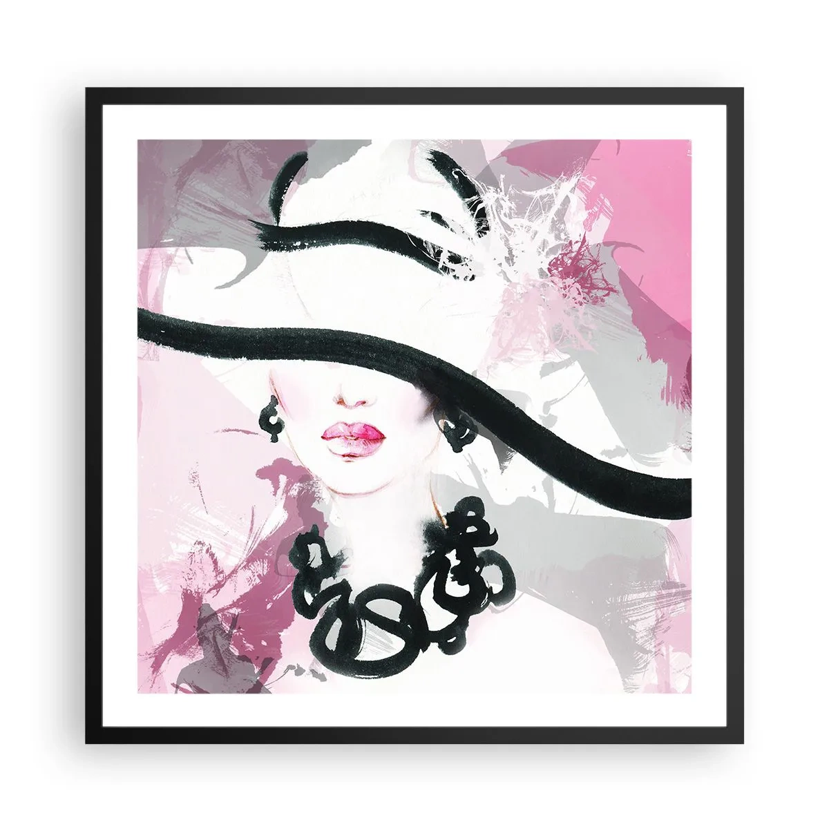 Poster in einem schwarzem Rahmen - Bildnis einer Dame in Schwarz und Pink - 60x60 cm