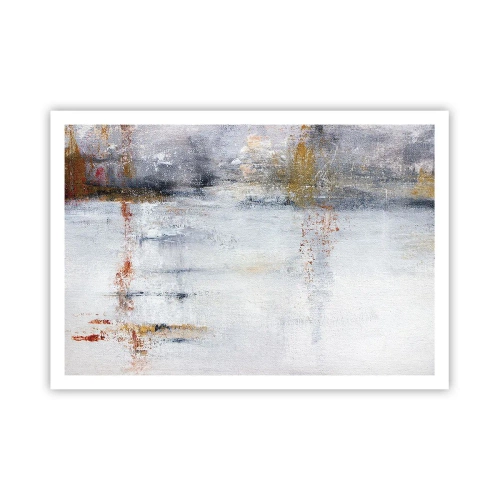 Poster - Eine abstrakte Landschaft mit verschwommenen Akzenten in Grau und Gold. - 100x70cm - Hinter dem Luftvorhang - Moderne Wanddekoration für Wohnzimmer und Schlafzimmer ARTTOR