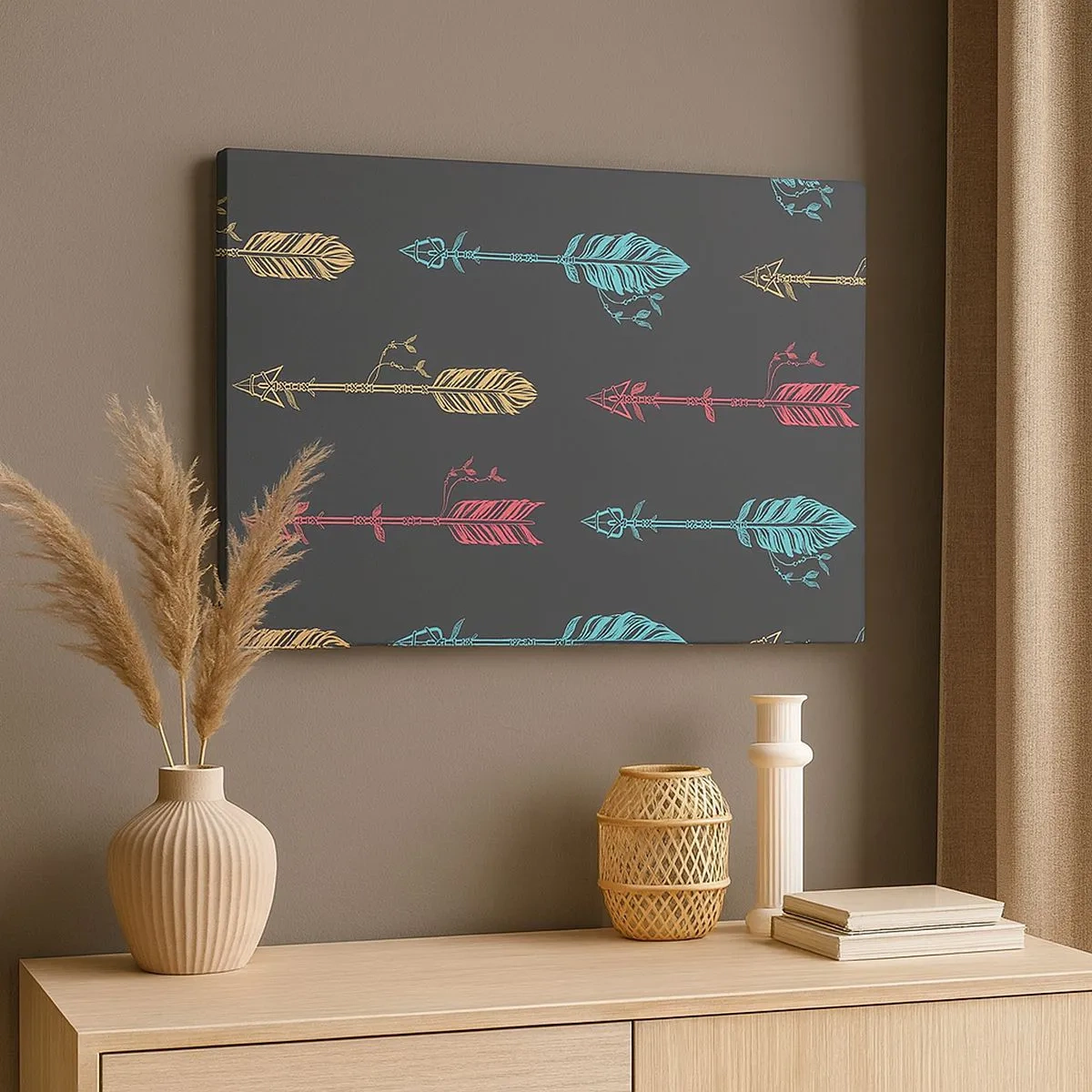 Bild auf Leinwand - Leinwandbild - Stilisiertes Pfeilmuster in Pastellfarben auf dunklem Hintergrund - 70x50cm - In der Verordnung - Moderne Wanddekoration für Wohnzimmer und Schlafzimmer ARTTOR