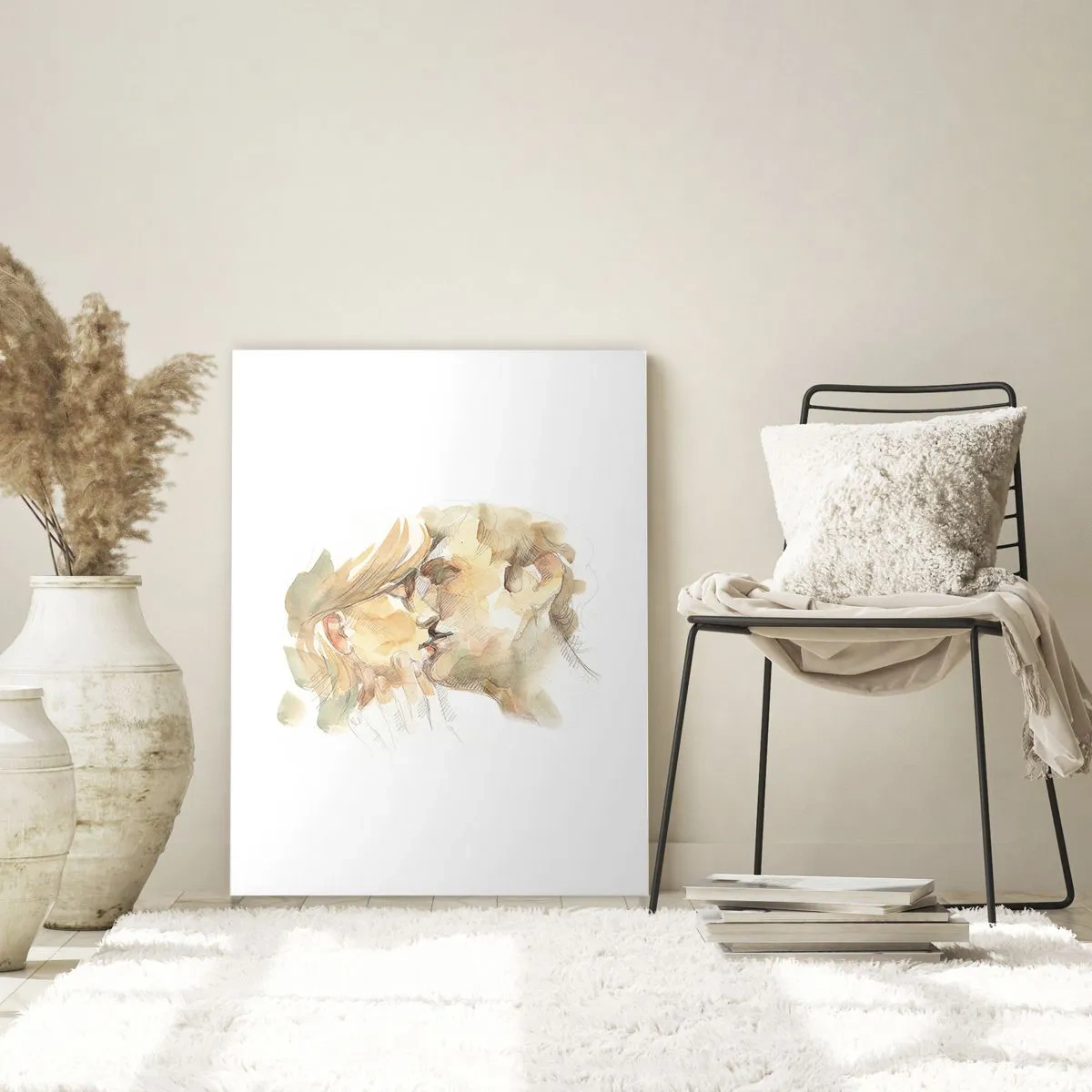 Glasbild - Bild auf glas - Romantisches Aquarellporträt eines sich küssenden Paares - 80x120cm - Hälfte gefunden? - Moderne Wanddekoration für Wohnzimmer und Schlafzimmer ARTTOR