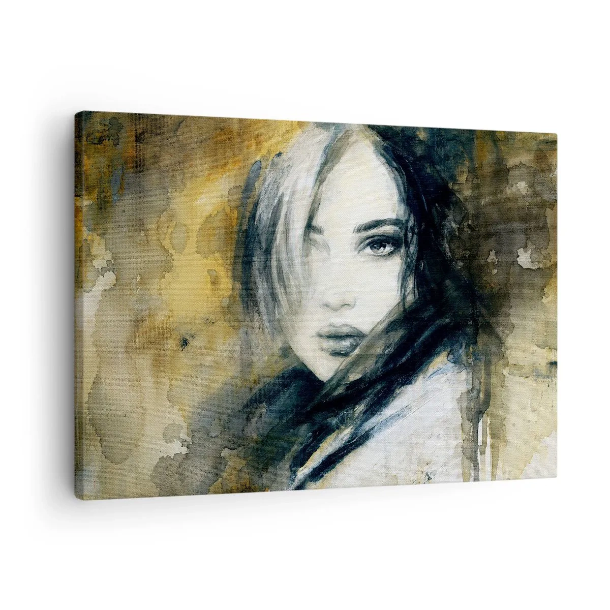 Bild auf Leinwand - Leinwandbild - Porträt einer Frau vor einem Hintergrund aus abstrakten Flecken in Beigetönen - 70x50cm - unschuldiger oder sinnlicher? - Moderne Wanddekoration für Wohnzimmer und Schlafzimmer ARTTOR