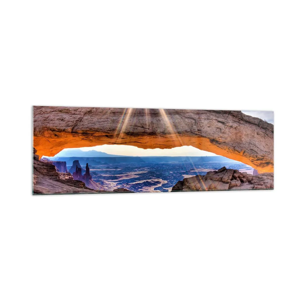 Glasbild - Bild auf glas - Felsbogen mit Blick auf den Canyon bei Sonnenaufgang - 160x50cm - Durch das Felsentor - Moderne Wanddekoration für Wohnzimmer und Schlafzimmer ARTTOR
