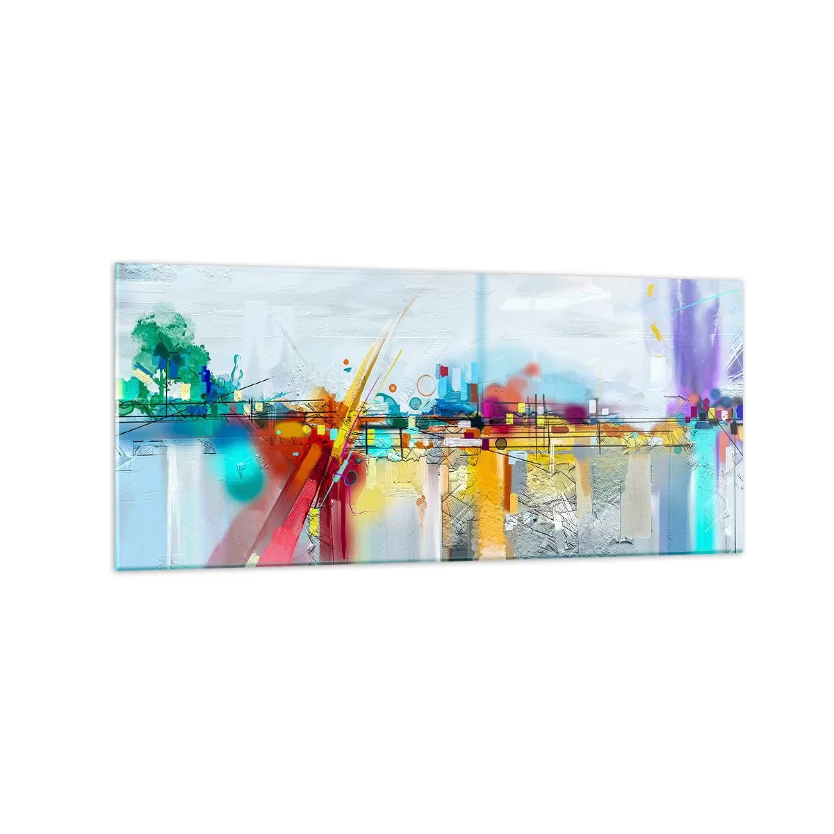 Glasbild - Bild auf glas - Abstrakte Landschaft mit bunten Akzenten - 120x50cm - Freudenbrücke über den Fluss des Lebens - Moderne Wanddekoration für Wohnzimmer und Schlafzimmer ARTTOR