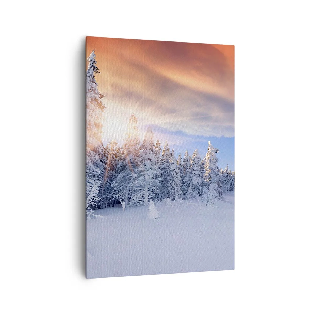 Bild auf Leinwand - Leinwandbild - Winterlandschaft mit schneebedecktem Wald bei Sonnenuntergang - 70x100cm - Ein verschneites Naturschauspiel - Moderne Wanddekoration für Wohnzimmer und Schlafzimmer ARTTOR