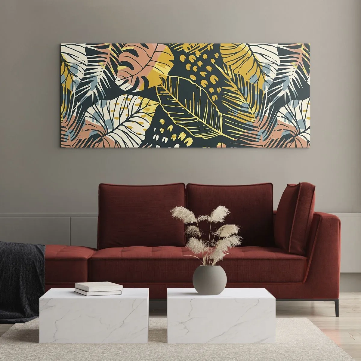 Glasbild - Bild auf glas - Bunte Blätter auf dunklem Hintergrund - 140x50cm - Grüne Fantasie - Moderne Wanddekoration für Wohnzimmer und Schlafzimmer ARTTOR