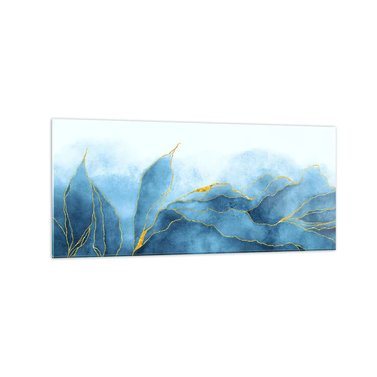 Glasbild - Bild auf glas - Abstrakte Wellen in Blautönen mit goldenen Akzenten - 120x50cm - Blau im Gold - Moderne Wanddekoration für Wohnzimmer und Schlafzimmer ARTTOR