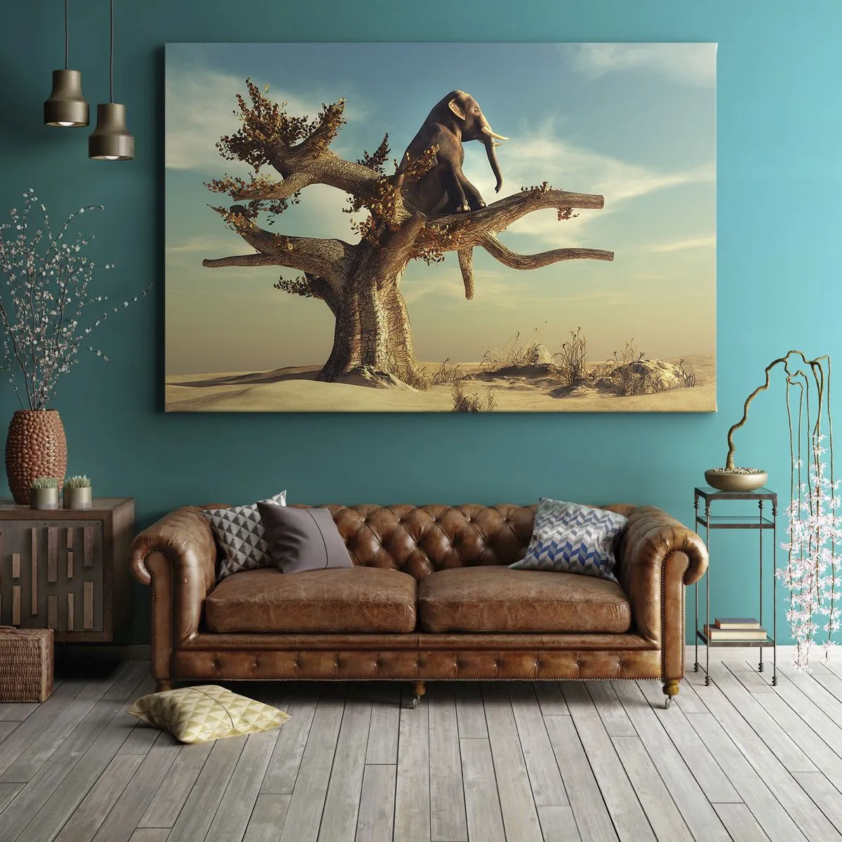 Bild auf Leinwand - Leinwandbild - Ein Elefant sitzt auf einem Baum in einer surrealen Landschaft - 70x50cm - Ein neuer Standpunkt - Moderne Wanddekoration für Wohnzimmer und Schlafzimmer ARTTOR