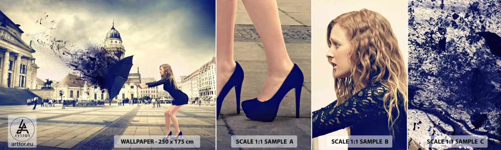 Fototapetenmuster Standard Eco - Es weht so ein Wind ... - Frau, Stadt, Geheimnisvoller Regenschirm - 100x30 cm