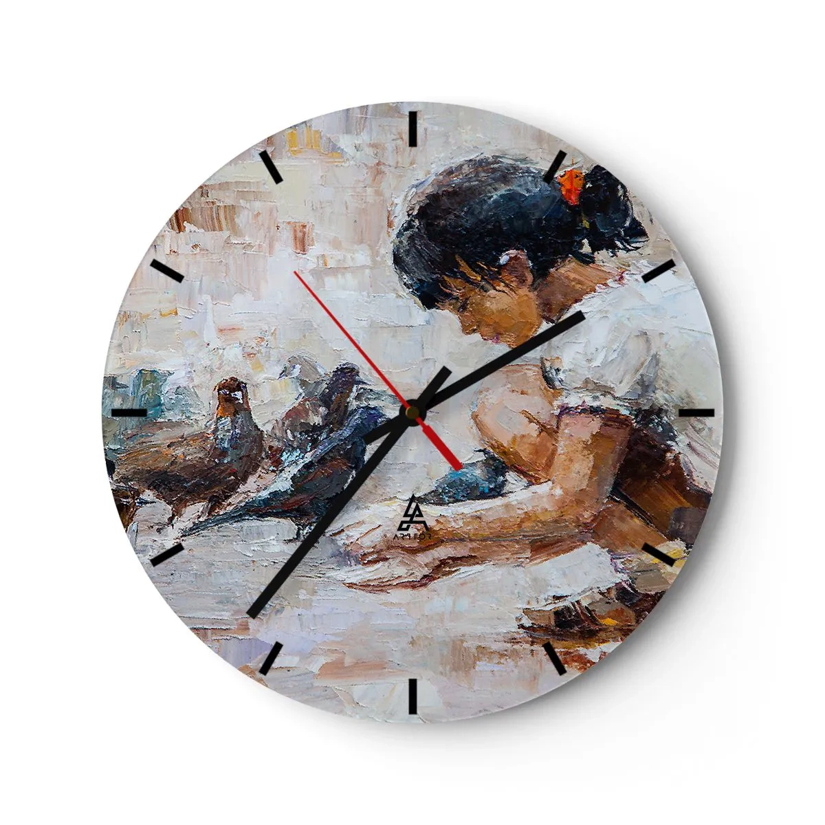 Wanduhr - Glasuhr - Ein Mädchen füttert Tauben vor einem gemalten Hintergrund - 30x30cm - Die Kleinen und die Schönsten - Moderne Wanddekoration für Wohnzimmer, Küche und Schlafzimmer ARTTOR