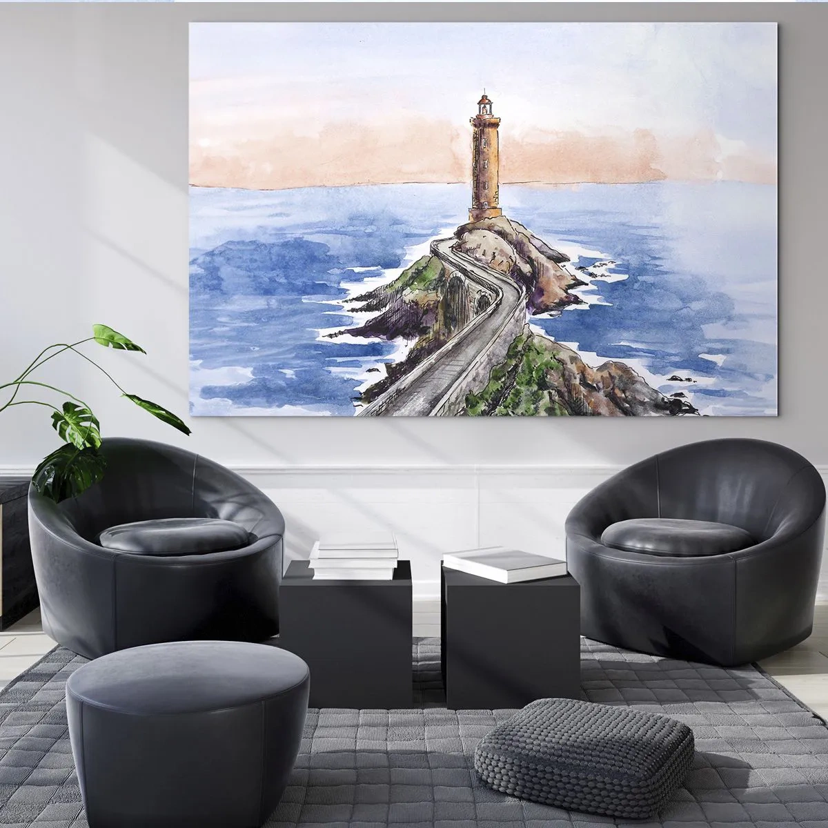 Glasbild - Bild auf glas - Ein Leuchtturm auf einem felsigen Vorgebirge, umgeben von einem ruhigen Meer - 70x50cm - Dem Meer zugewandt - Moderne Wanddekoration für Wohnzimmer und Schlafzimmer ARTTOR