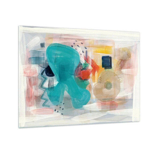 Glasbild - Bild auf glas - Eine farbenfrohe Abstraktion mit Spritzern in Türkis, Rot und Beige. - 70x50cm - Buntes Spiel - Moderne Wanddekoration für Wohnzimmer und Schlafzimmer ARTTOR