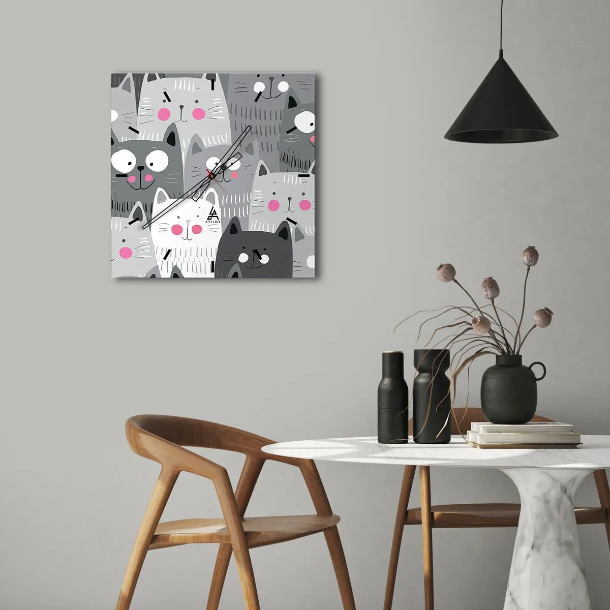 Wanduhr - Glasuhr - Ein lustiges Muster mit Katzen in Grautönen - 30x30cm - Katzenwelt - Moderne Wanddekoration für Wohnzimmer und Schlafzimmer ARTTOR