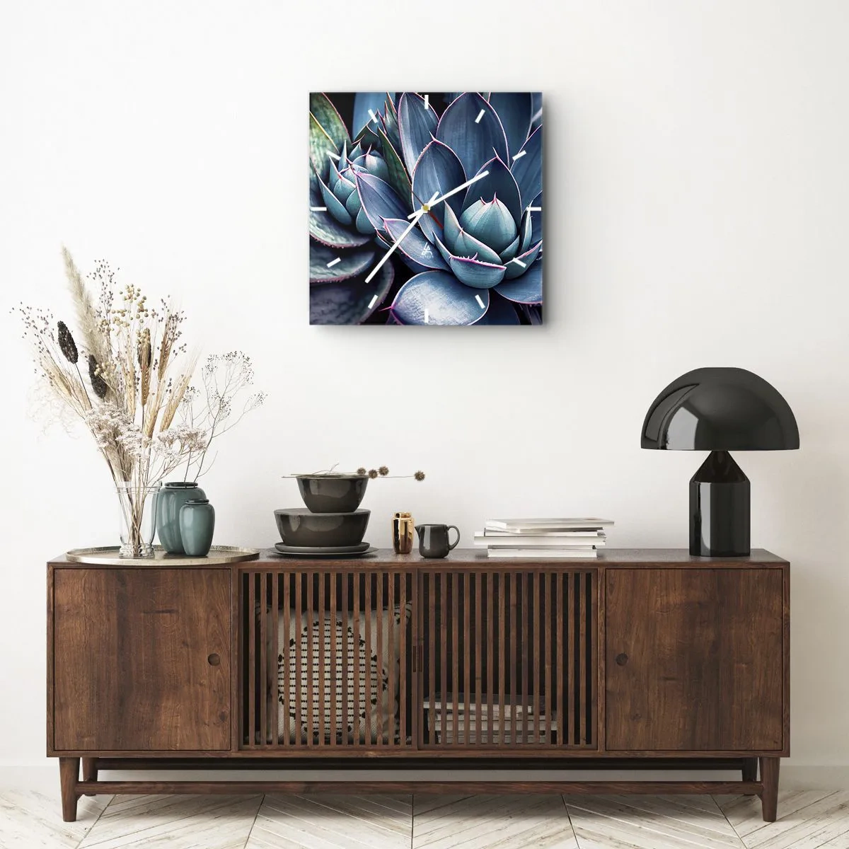 Wanduhr - Glasuhr - Agave in Blau- und Grüntönen mit rosa Akzenten - 30x30cm - Lebenskraft - Moderne Wanddekoration für Wohnzimmer und Schlafzimmer ARTTOR