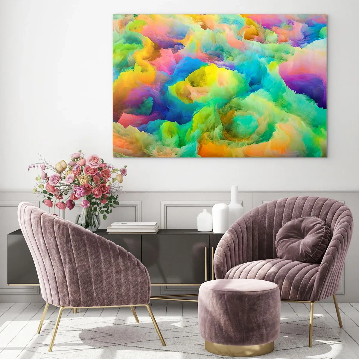 Glasbild - Bild auf glas - Abstrakte Landschaft in lebendigen Farben - 70x50cm - Regenbogen unten - Moderne Wanddekoration für Wohnzimmer und Schlafzimmer ARTTOR