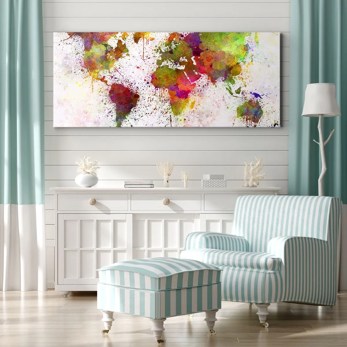 Bild auf Leinwand - Leinwandbild - Eine farbenfrohe Weltkarte im abstrakten Stil - 120x50cm - Irgendwie ist es gleich geworden - Moderne Wanddekoration für Wohnzimmer und Schlafzimmer ARTTOR