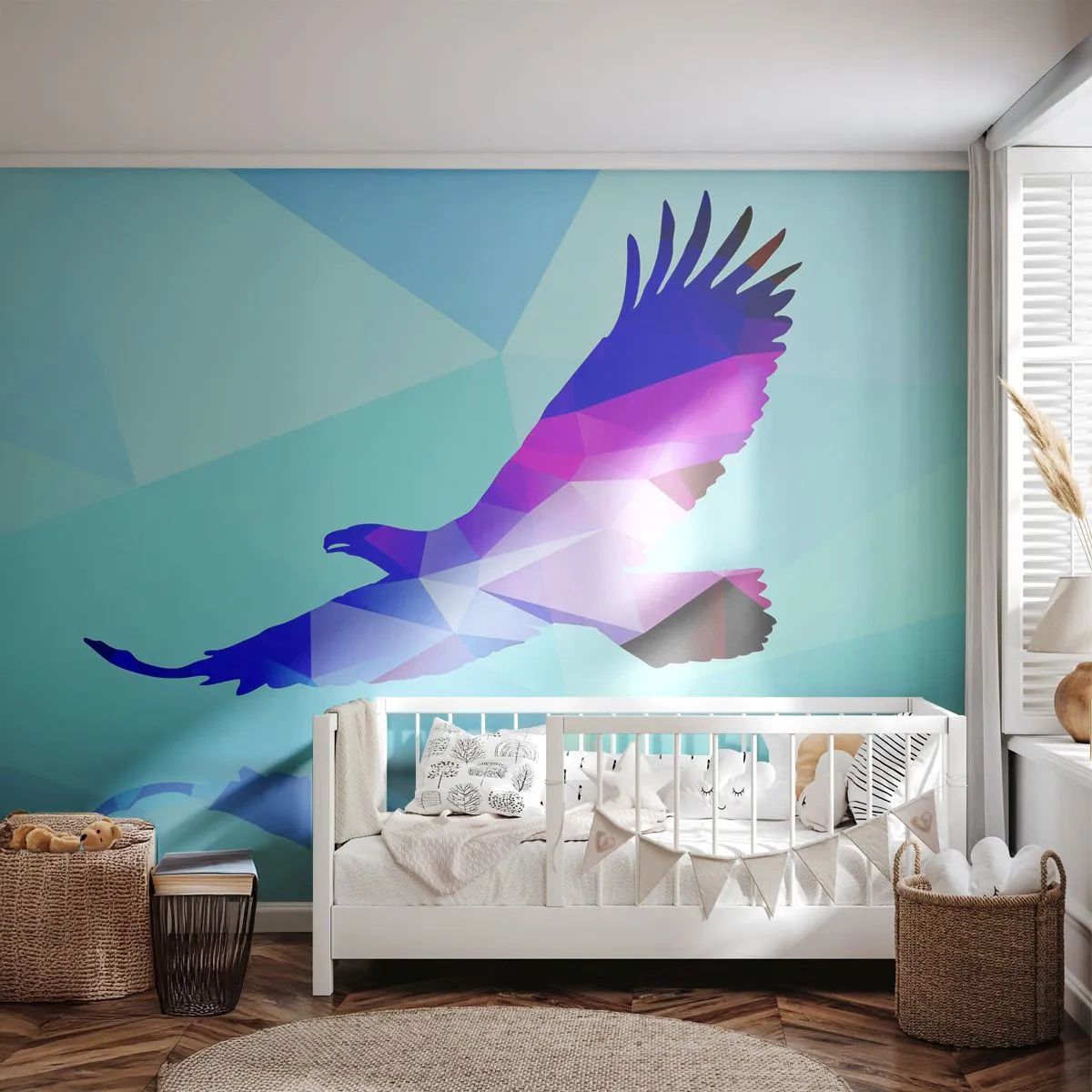 Fototapete Premium Sand - Geometrische Silhouette eines Adlers im Flug auf blauem Hintergrund - 100x70cm - Adler in lila Kristall - Moderne Wanddekoration für Wohnzimmer und Schlafzimmer ARTTOR