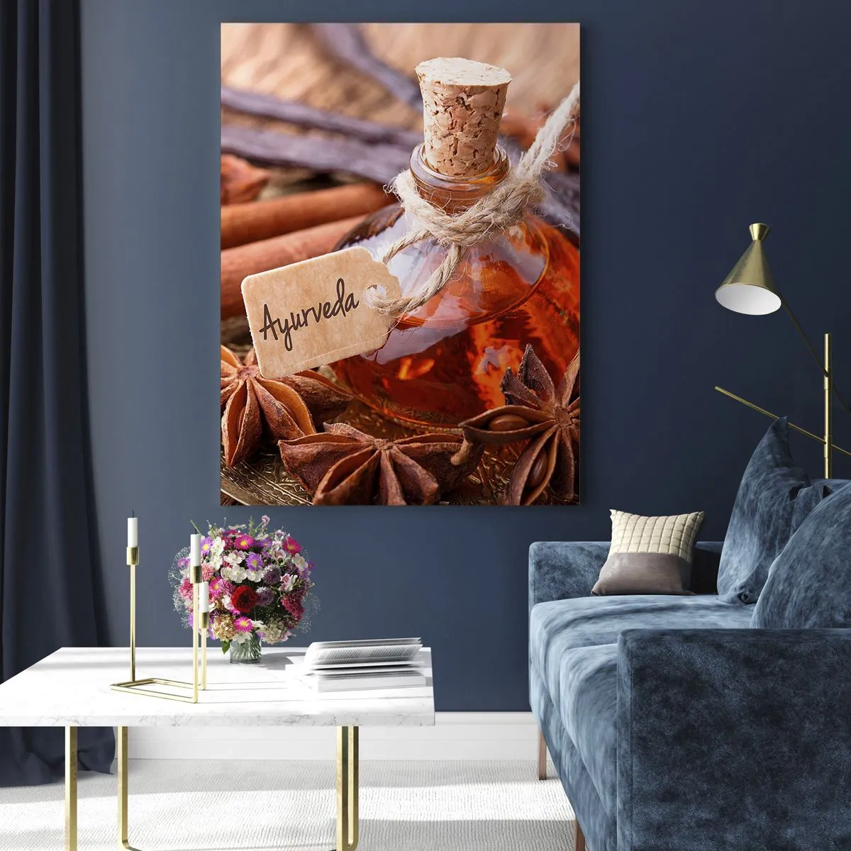 Glasbild - Bild auf glas - Öl- und Gewürzflasche im ayurvedischen Stil - 50x70cm - Zur Einheit von Körper und Geist - Moderne Wanddekoration für Wohnzimmer und Schlafzimmer ARTTOR