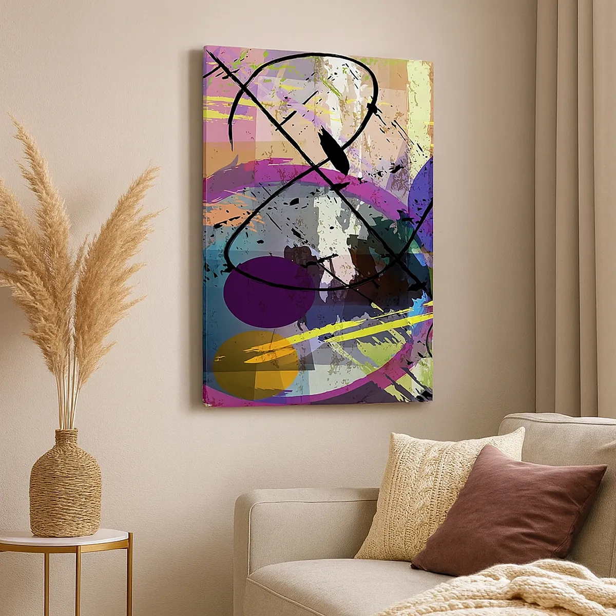 Bild auf Leinwand - Leinwandbild - Ein farbenfrohes abstraktes Muster mit dynamischen Linien und Formen. - 50x70cm - Du kannst geradeaus oder umhergehen - Moderne Wanddekoration für Wohnzimmer und Schlafzimmer ARTTOR