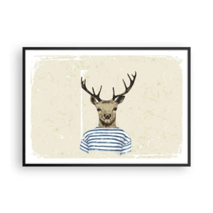 Poster in einem schwarzem Rahmen - Ein Hirsch im gestreiften Hemd auf hellem Hintergrund mit zarter Textur - 100x70cm - Weil ich gestreifte T-Shirts mag! - Moderne Wanddekoration für Wohnzimmer und Schlafzimmer ARTTOR