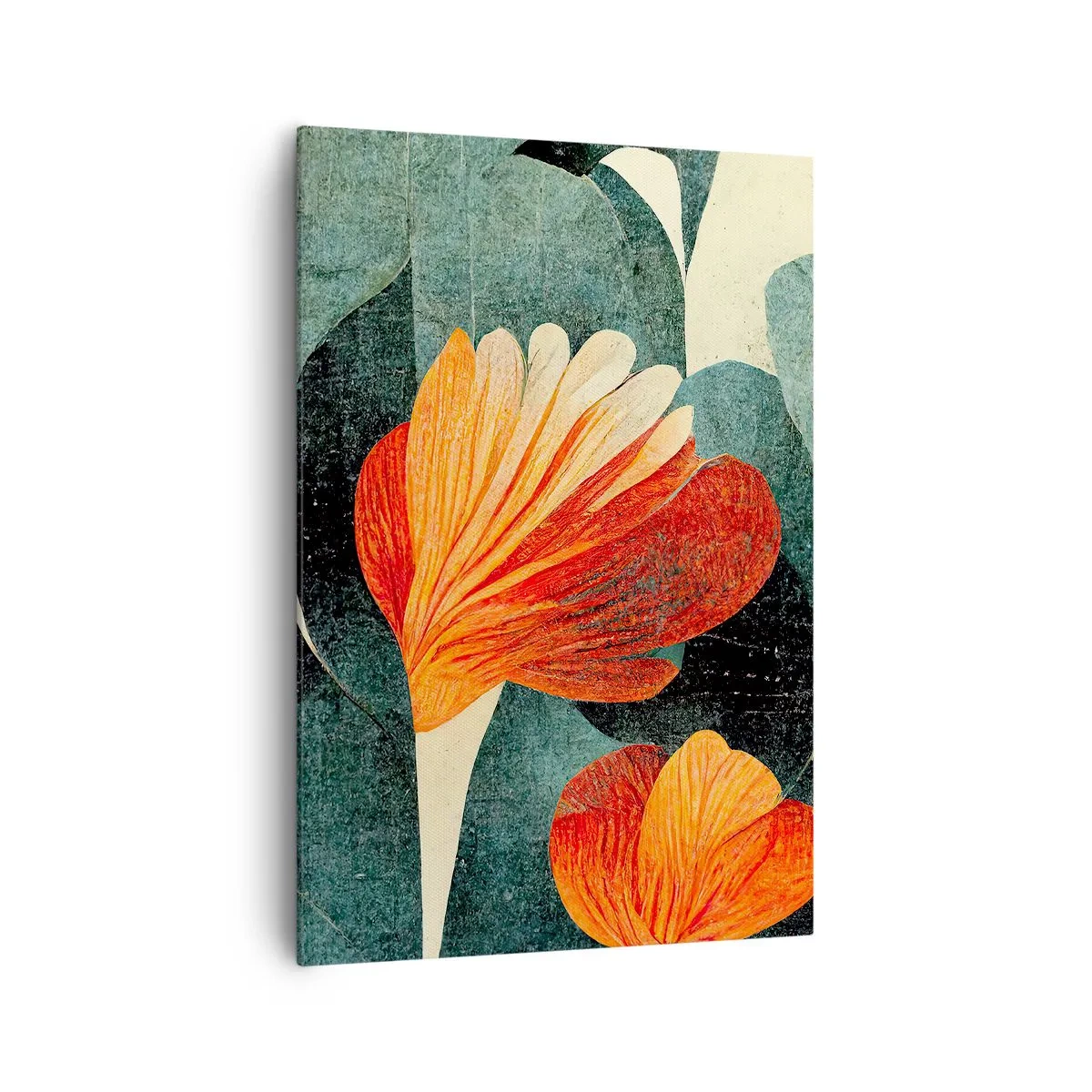 Bild auf Leinwand - Leinwandbild - Blüten in intensiven Orange- und Grüntönen - 70x100cm - Hitze der Tropen und Kühle des Grüns - Moderne Wanddekoration für Wohnzimmer und Schlafzimmer ARTTOR