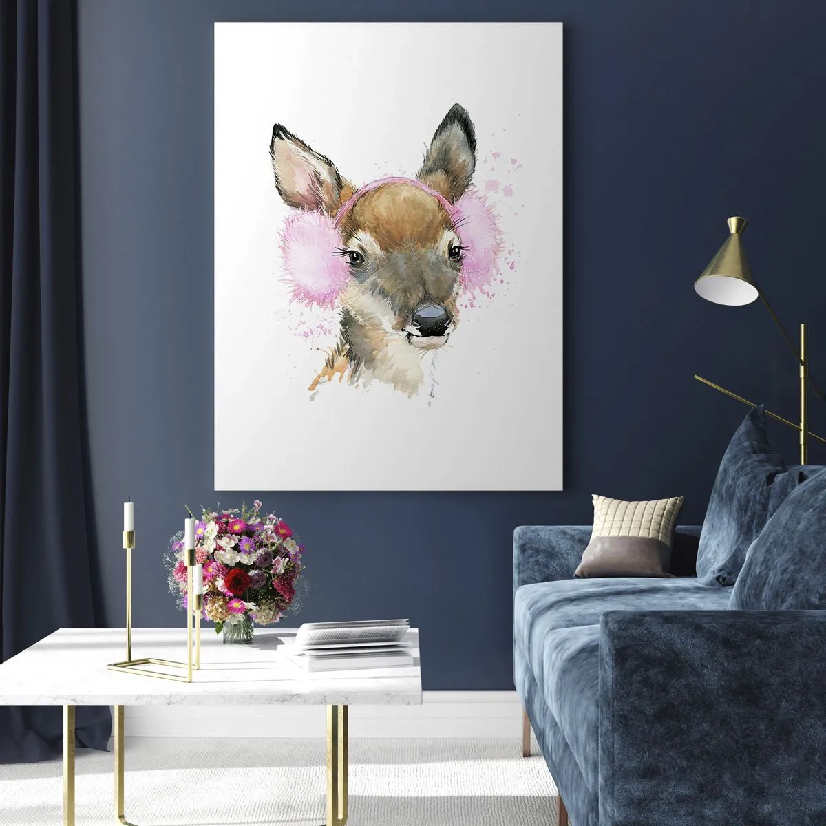 Glasbild - Bild auf glas - Aquarell Hirsch in rosa Ohrenschützern - 70x100cm - Und der Frost ist nicht mehr schrecklich - Moderne Wanddekoration für Wohnzimmer und Schlafzimmer ARTTOR
