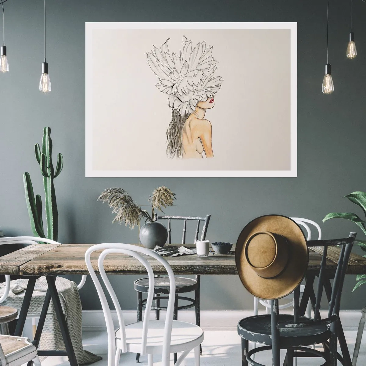 Poster - Portrait einer Frau mit Federschmuck im künstlerischen Stil - 100x70cm - Gekrönte Schönheit - Moderne Wanddekoration für Wohnzimmer und Schlafzimmer ARTTOR