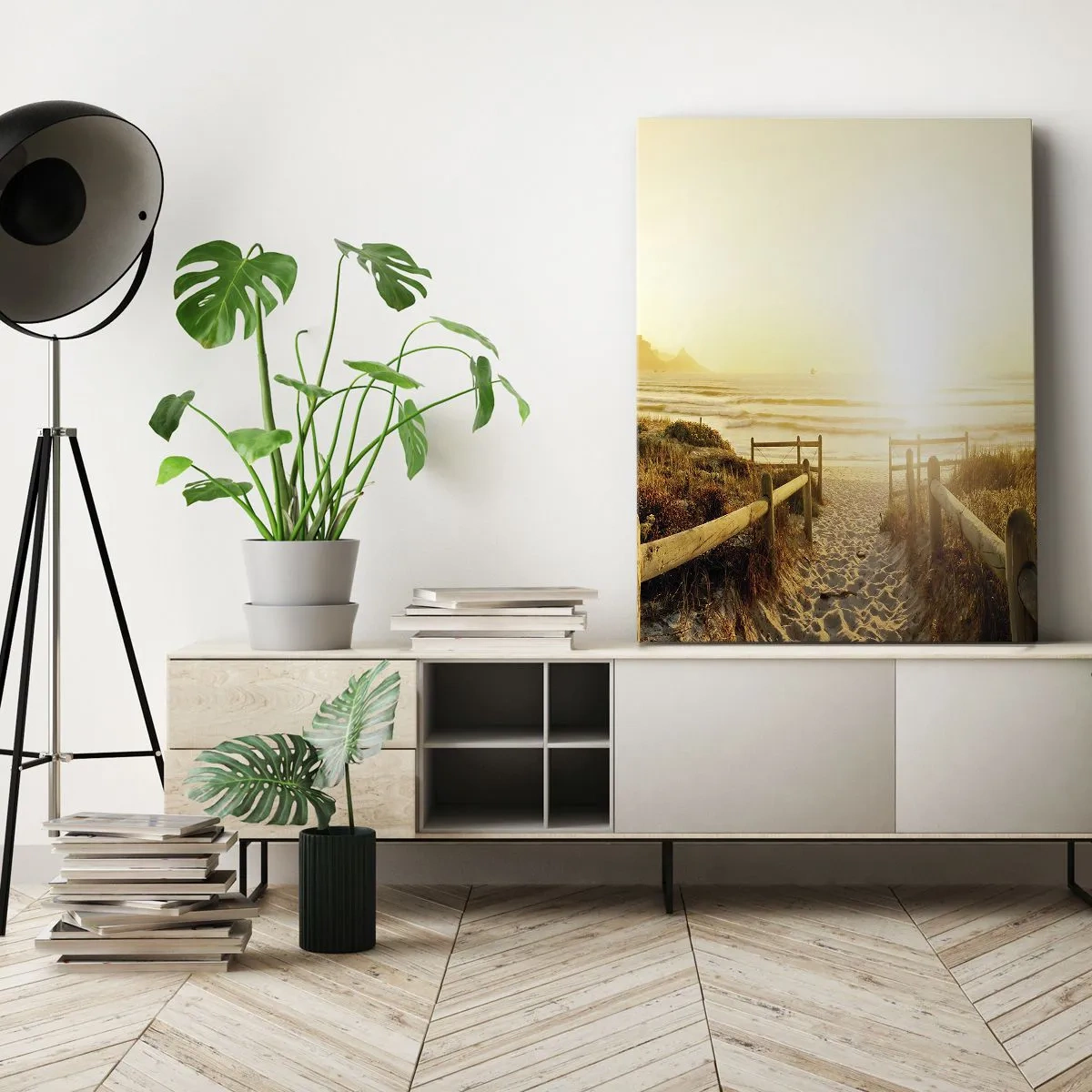 Bild auf Leinwand - Leinwandbild - Weg zum Strand bei goldenem Sonnenuntergang - 80x120cm - Über die Düne, der Sonne entgegen - Moderne Wanddekoration für Wohnzimmer und Schlafzimmer ARTTOR
