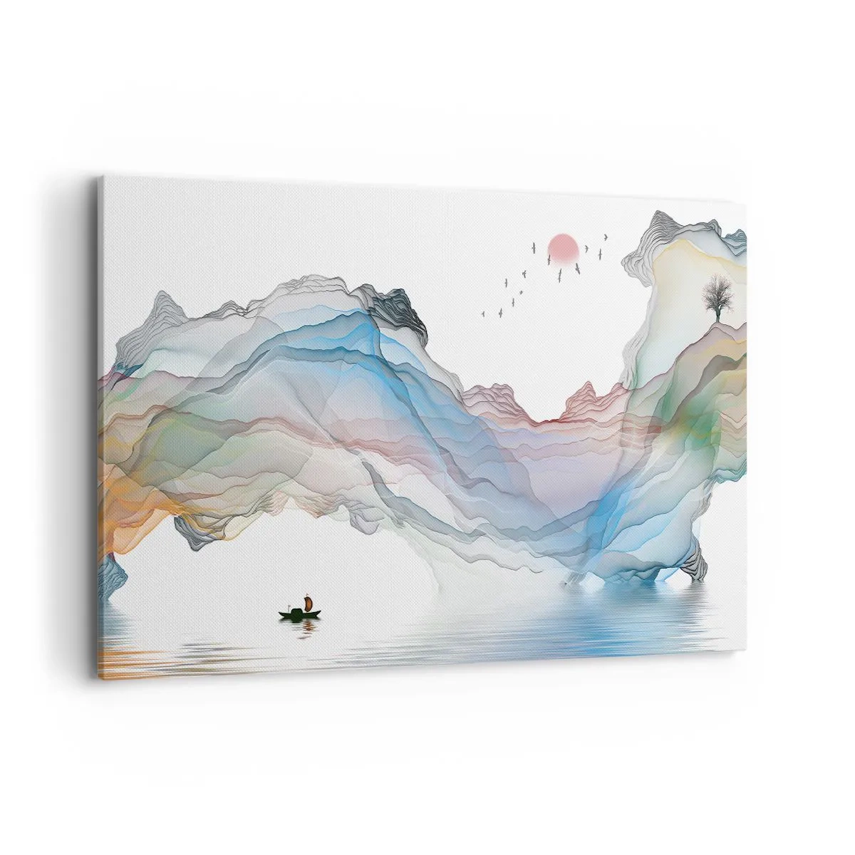 Bild auf Leinwand - Leinwandbild - Eine subtile Landschaft mit Bergen, Wasser und einem Boot - 120x80cm - Zu den Kristallbergen - Moderne Wanddekoration für Wohnzimmer und Schlafzimmer ARTTOR