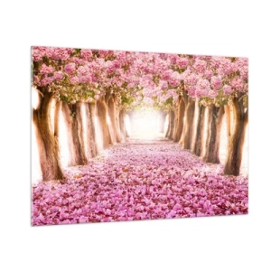 Glasbild - Bild auf glas - Eine Allee blühender Bäume mit rosa Blütenblättern auf dem Boden - 100x70cm - Der Weg ins Paradies - Moderne Wanddekoration für Wohnzimmer und Schlafzimmer ARTTOR