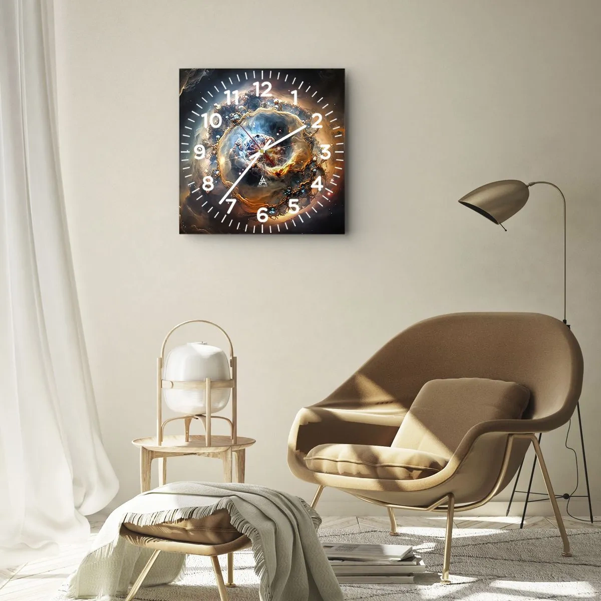 Wanduhr - Glasuhr - Eine abstrakte Vision einer kosmischen Explosion in Gold- und Blautönen. - 30x30cm - Anfang - Moderne Wanddekoration für Wohnzimmer und Schlafzimmer ARTTOR