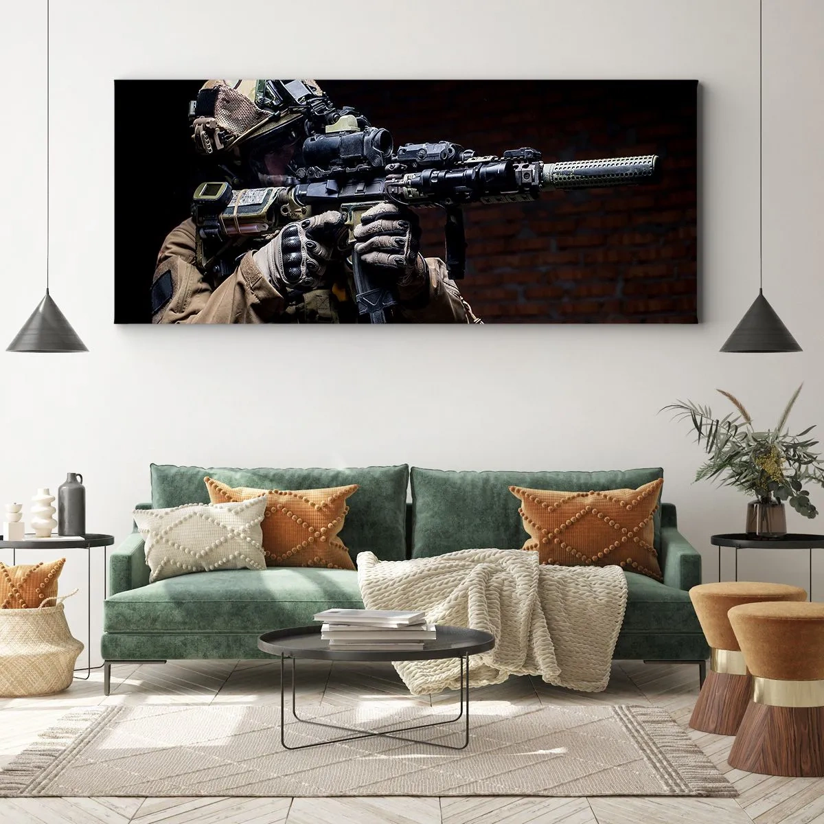 Bild auf Leinwand - Leinwandbild - Ein Soldat in voller Montur mit einem Gewehr - 160x50cm - Tödlich wirksam - Moderne Wanddekoration für Wohnzimmer und Schlafzimmer ARTTOR