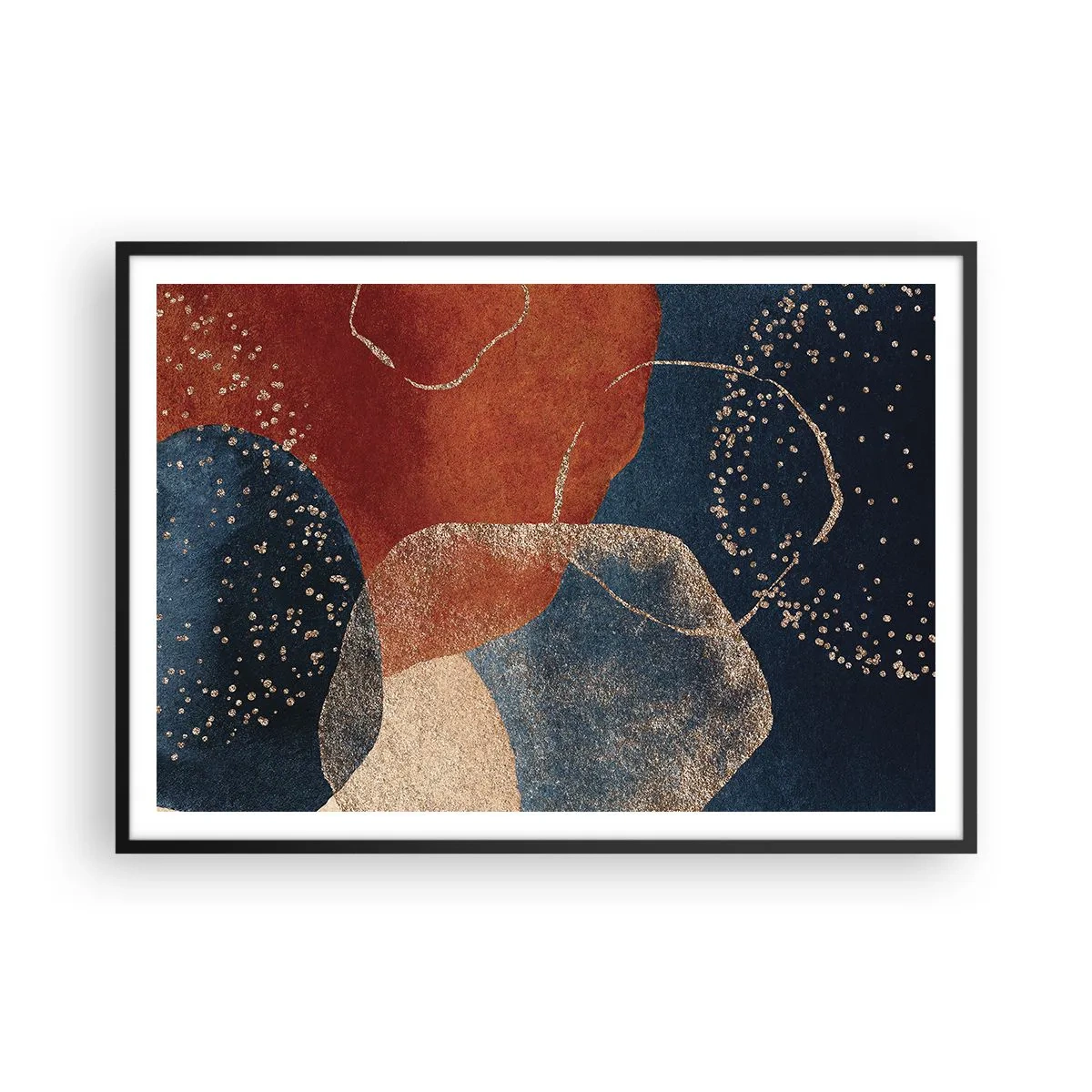 Poster in einem schwarzem Rahmen - Abstrakte Formen in Rot- und Blautönen - 100x70cm - Die Leichtigkeit des Seins - Moderne Wanddekoration für Wohnzimmer und Schlafzimmer ARTTOR