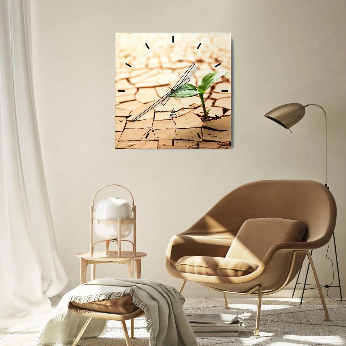 Wanduhr - Glasuhr - Eine grüne Pflanze wächst aus trockener, rissiger Erde - 30x30cm - Die unbezähmbare Kraft des Lebens - Moderne Wanddekoration für Wohnzimmer und Schlafzimmer ARTTOR