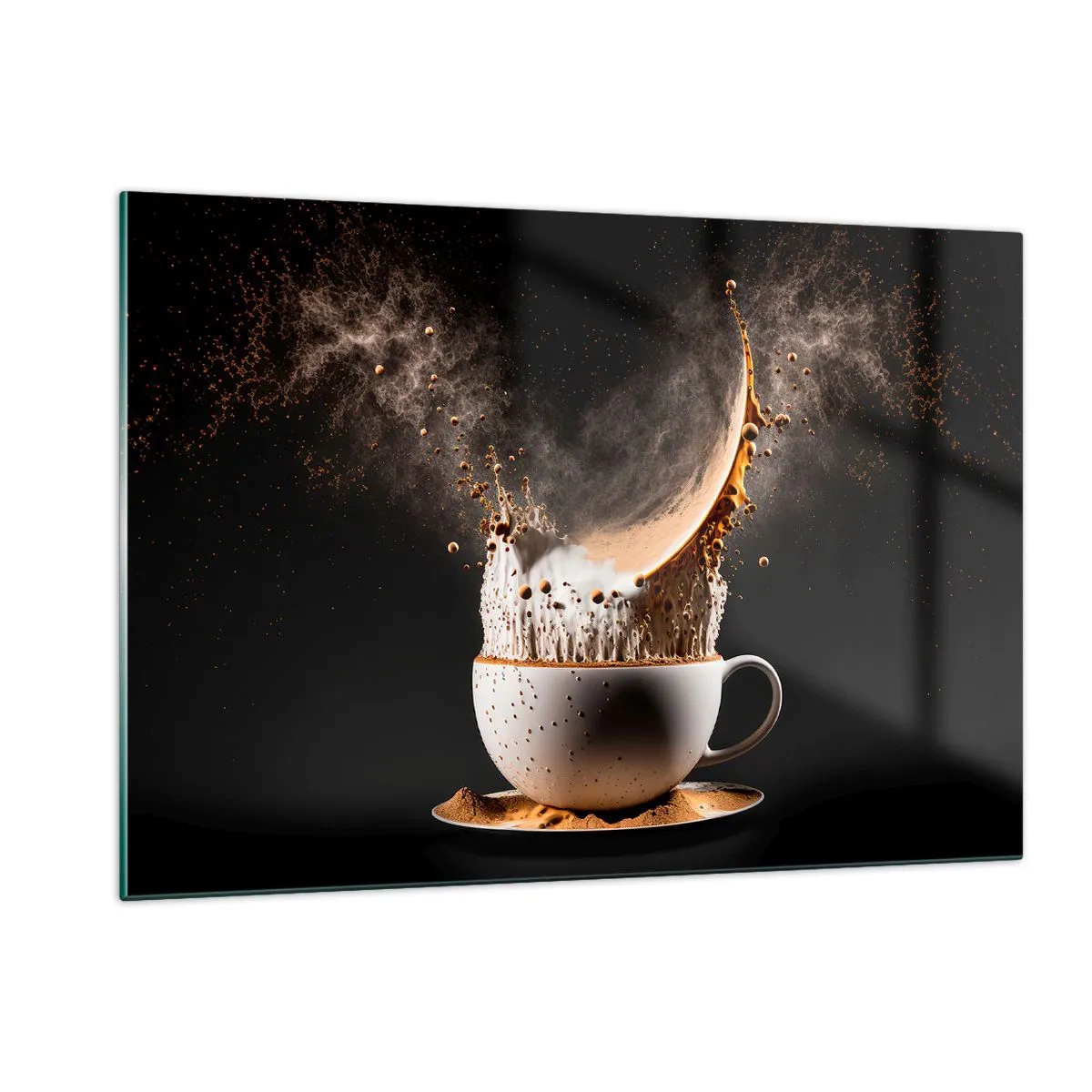 Glasbild - Bild auf glas - Kaffee mit Milch in einer dynamischen Aufnahme spritzen - 120x80cm - Geschmacksexplosion - Moderne Wanddekoration für Wohnzimmer und Schlafzimmer ARTTOR