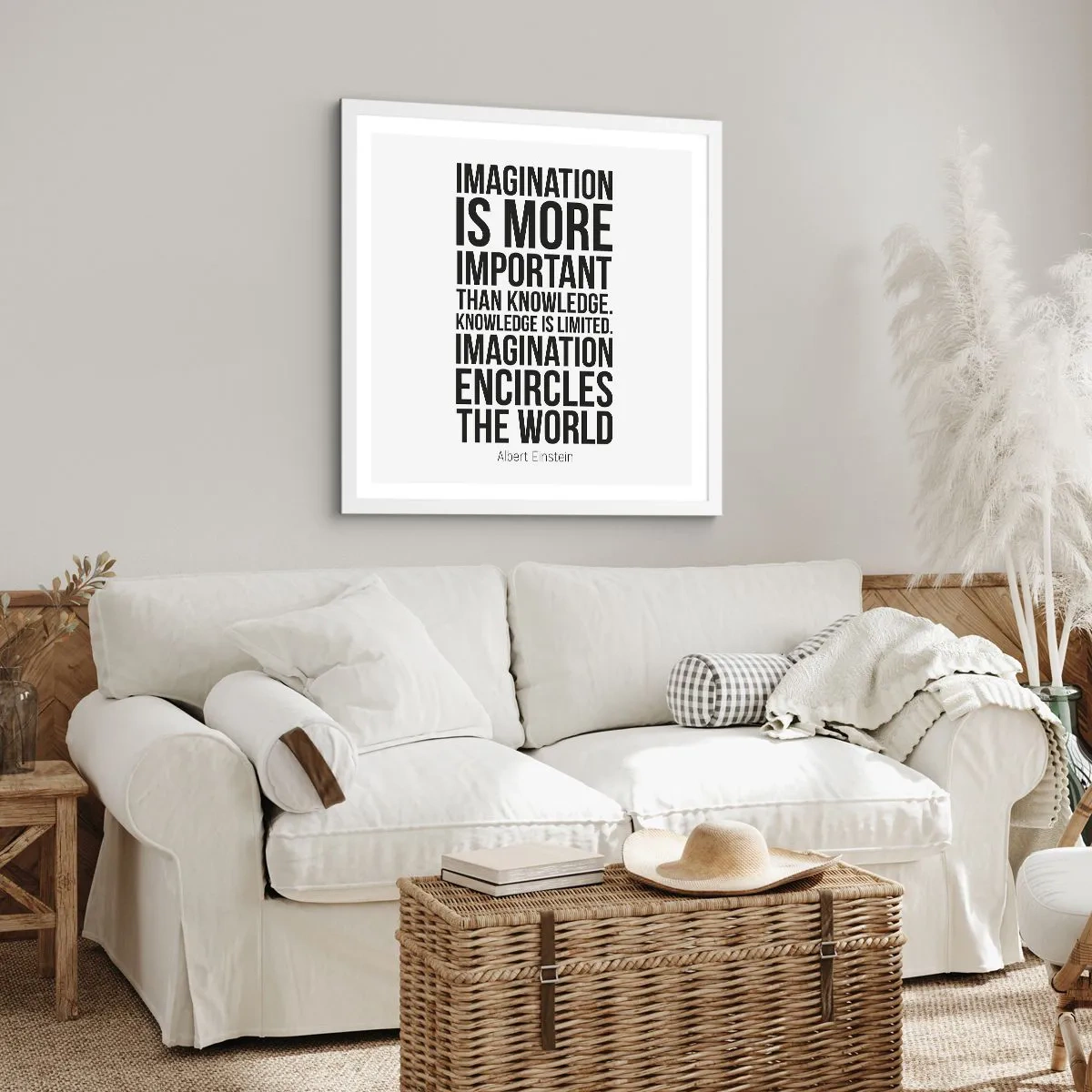 Poster in einem weißen Rahmen - Einstein über die Kraft der Vorstellungskraft - 60x60 cm