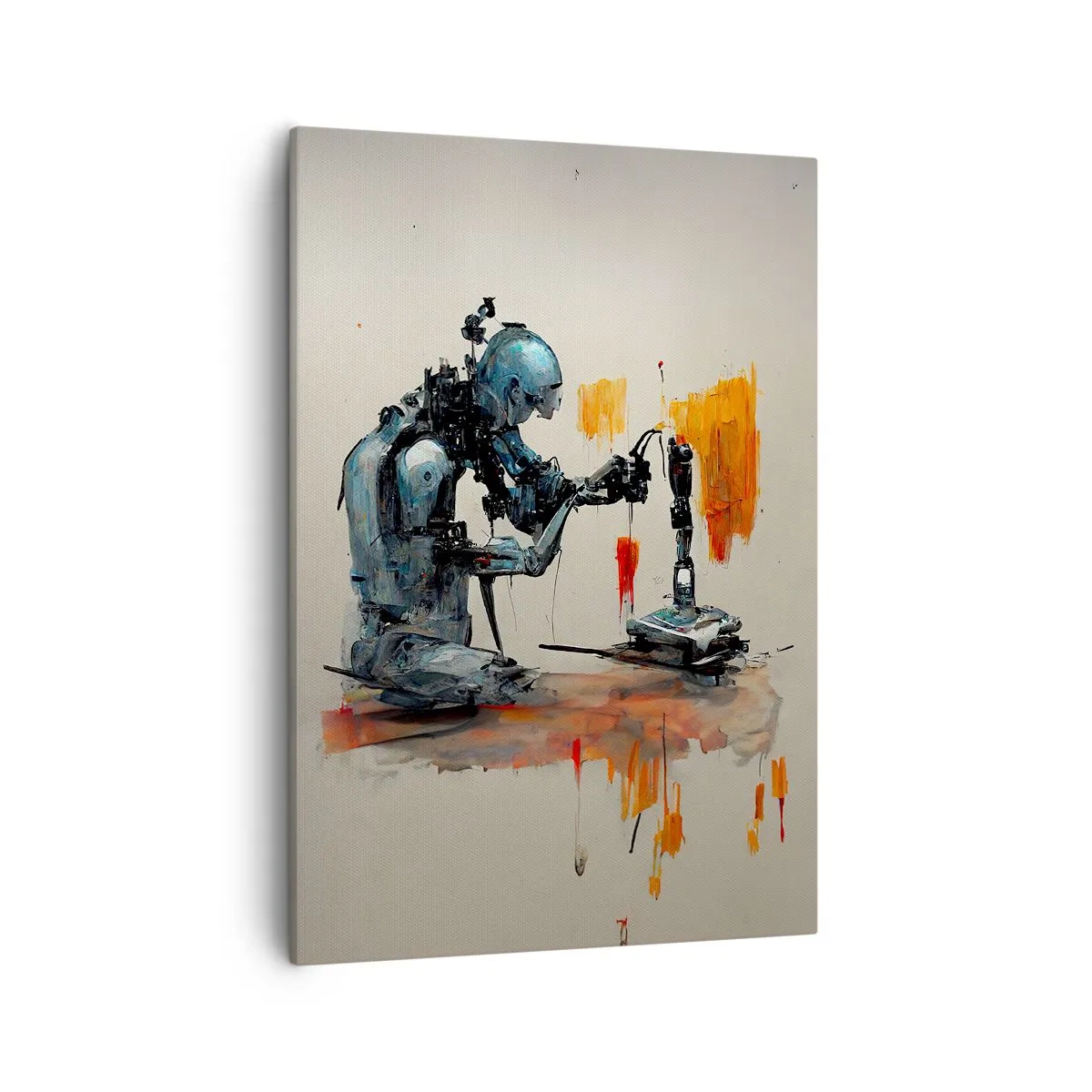 Bild auf Leinwand - Leinwandbild - Roboter bei der Arbeit mit abstraktem Hintergrund - 50x70cm - Schon morgen… - Moderne Wanddekoration für Wohnzimmer und Schlafzimmer ARTTOR