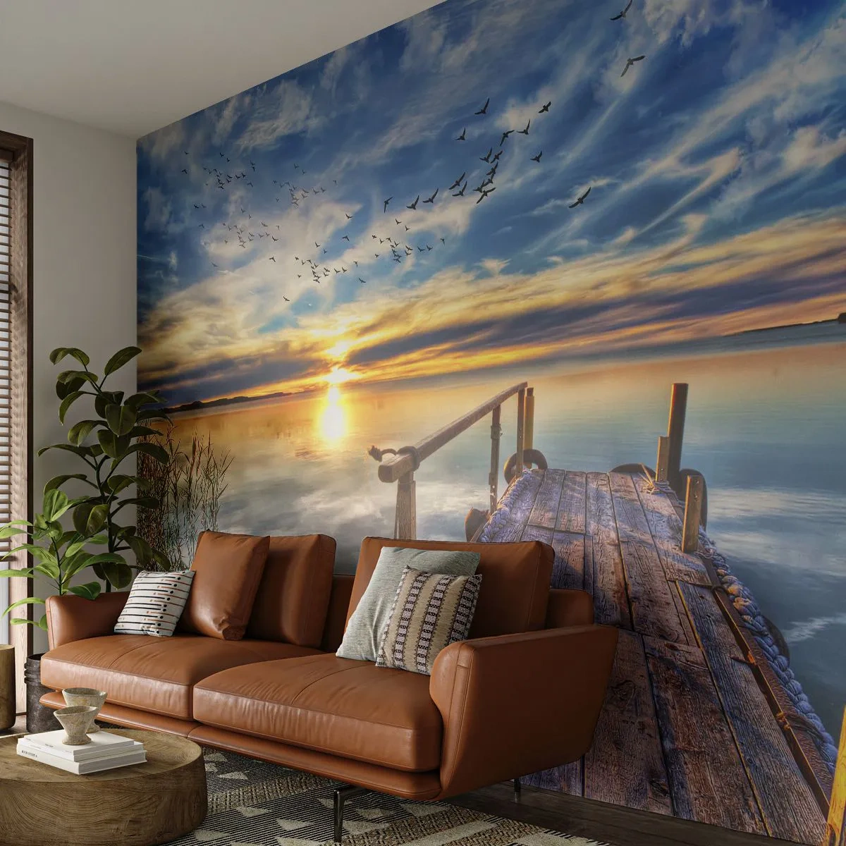 Selbstklebende Fototapete Deluxe Sticker - Der Wind geht zur Ruhe - Landschaft, See, Holzbrücke - 350x256 cm