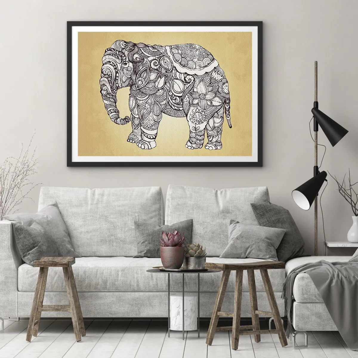 Poster in einem schwarzem Rahmen - Elefant verhüllte sich - 50x40 cm